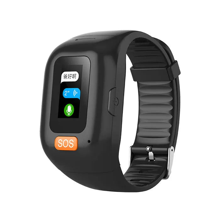 Black elderly positioning bracelet call tracker with touch screen worn on wrist on a white background