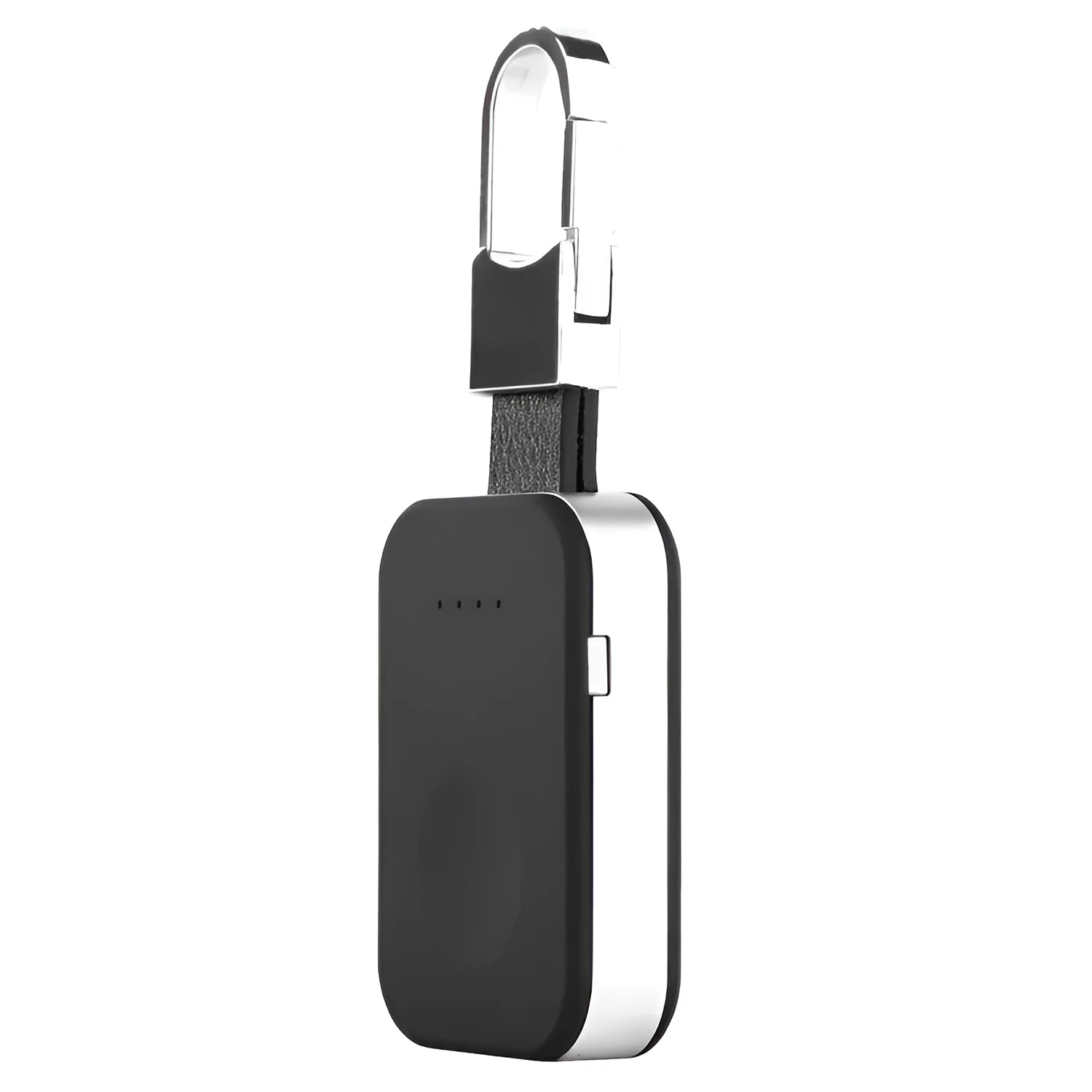Black Apple Watch portable power bank keychain charger on a keyring.