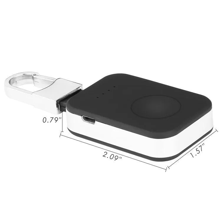 Black Apple Watch portable power bank keychain charger on a keyring.
