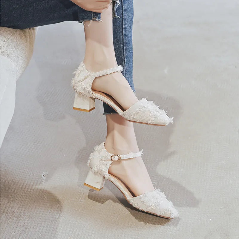 Women's apricot suede d'Orsay flats with an ankle strap and a low heel.