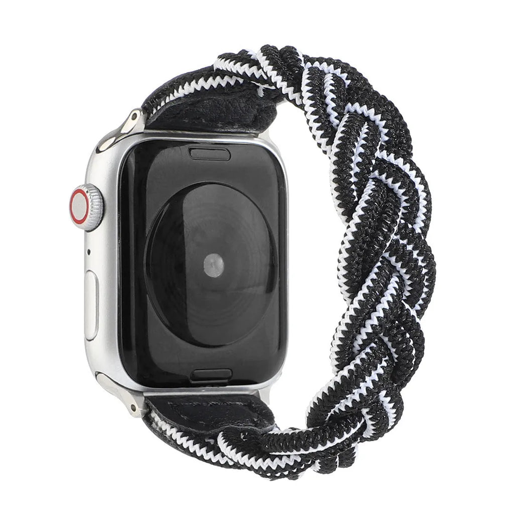 Braided single loop watch strap for Apple Watch in multiple colour options showing adjustable sizing