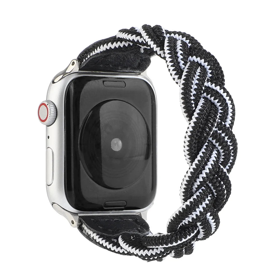 Braided single loop watch strap for Apple Watch in multiple colour options showing adjustable sizing