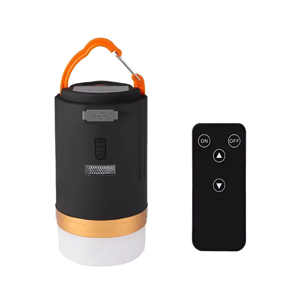 Black remote control camping light with LED illumination for outdoor emergencies and tent use
