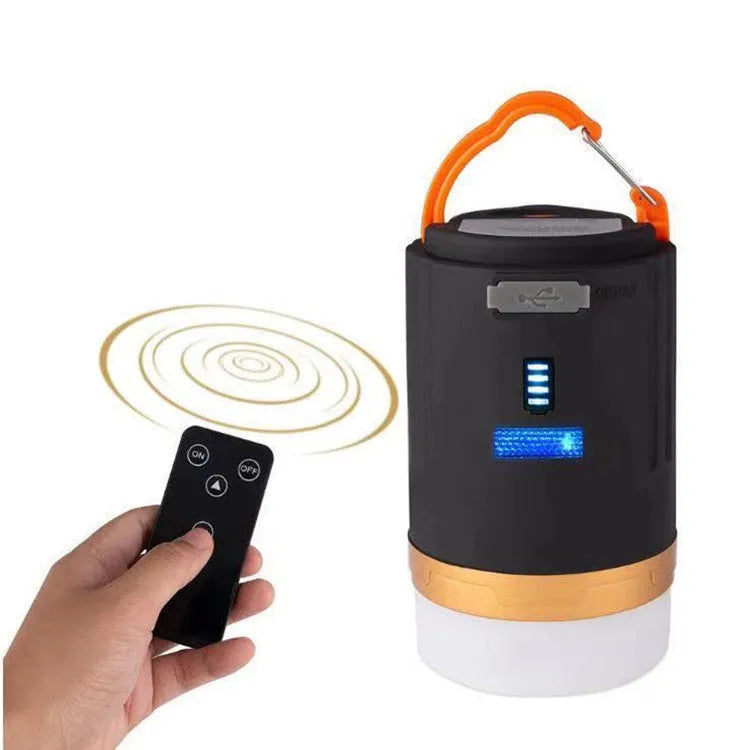Black remote control camping light with LED illumination for outdoor emergencies and tent use