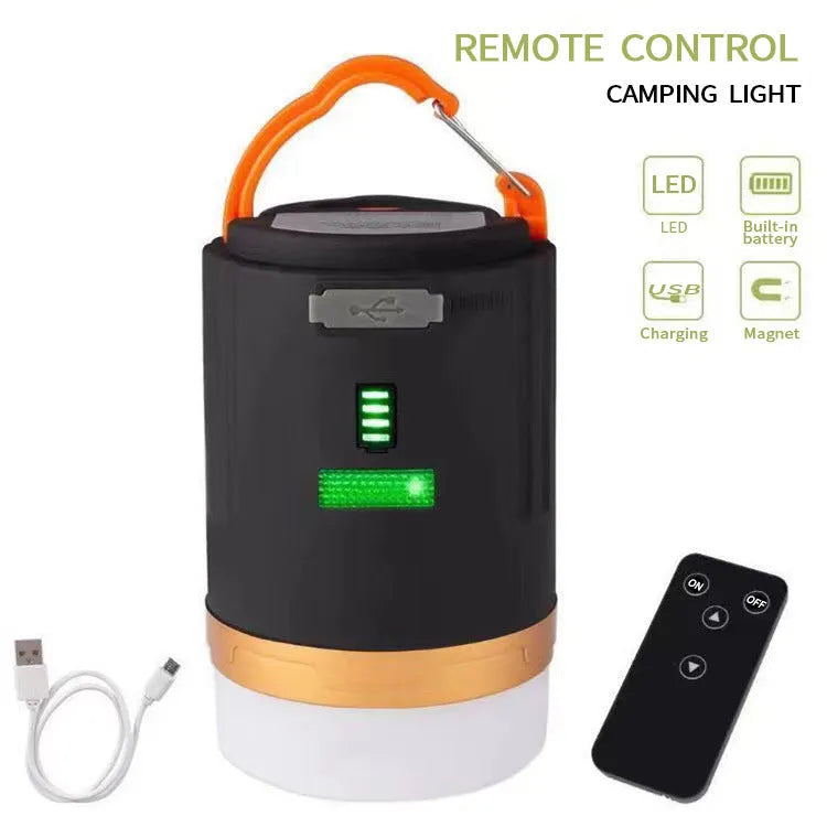 Black remote control camping light with LED illumination for outdoor emergencies and tent use