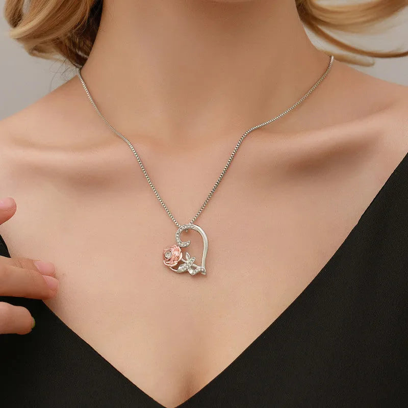 Silver alloy heart-shaped love rose zircon necklace clavicle chain for women