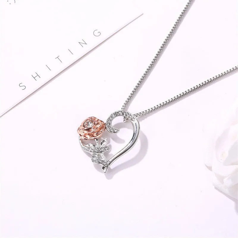 Silver alloy heart-shaped love rose zircon necklace clavicle chain for women