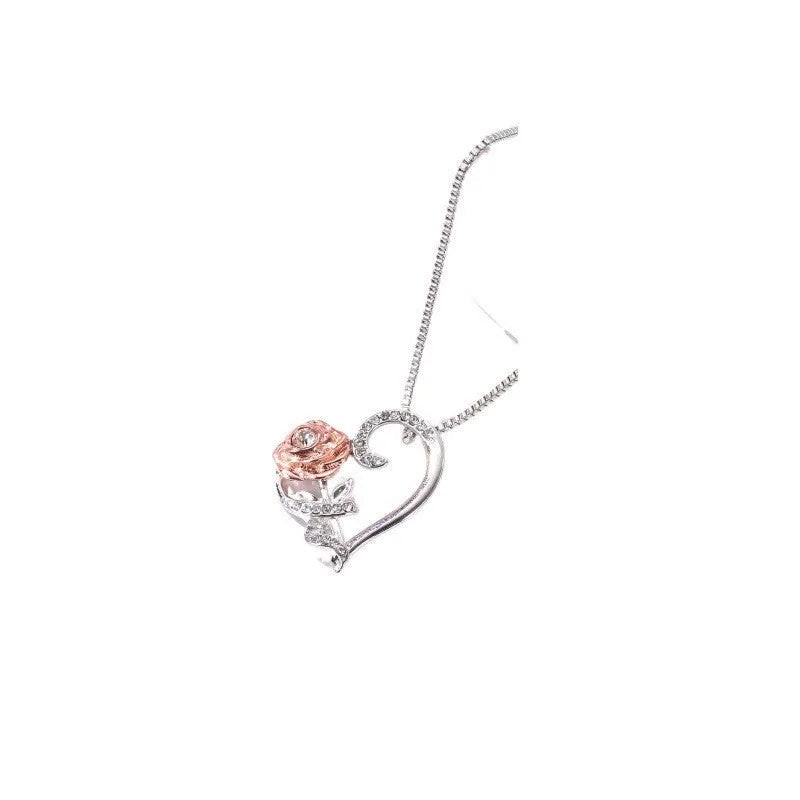Silver alloy heart-shaped love rose zircon necklace clavicle chain for women