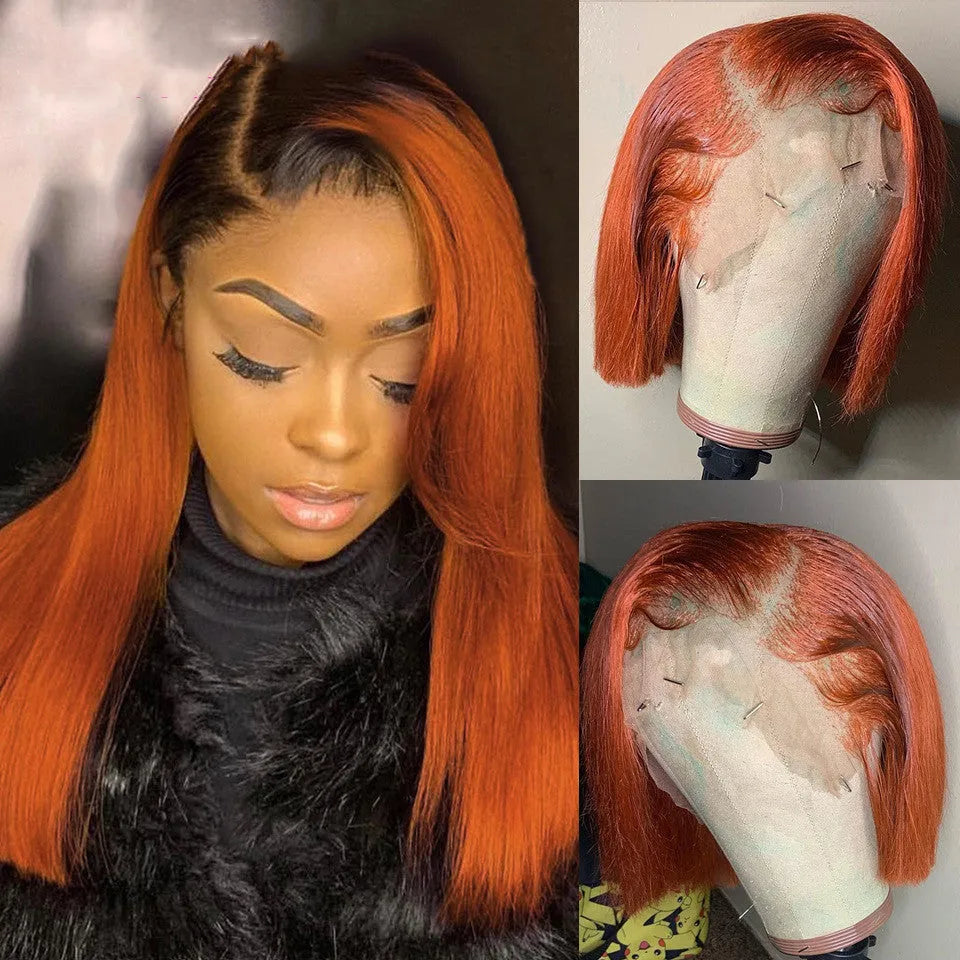 Orange gradient short bob lace front human hair wig with 13x4 lace and 150% or 180% density in 8 to 16 inch lengths