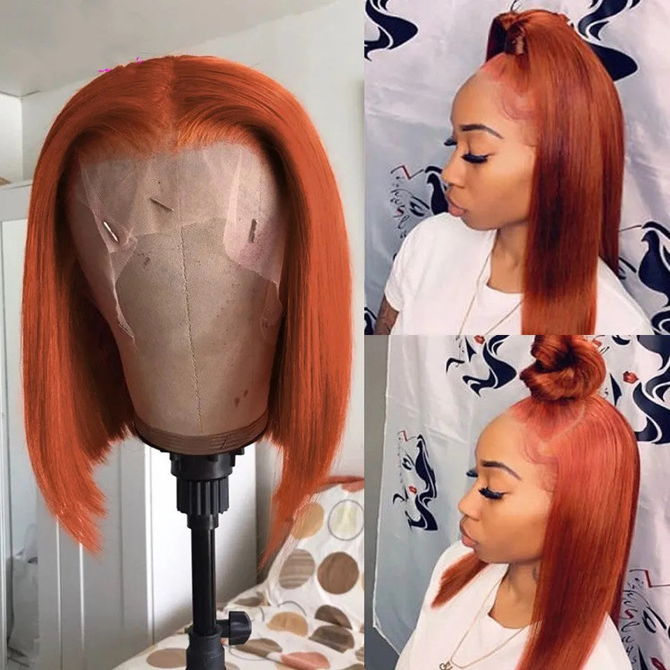 Orange gradient short bob lace front human hair wig with 13x4 lace and 150% or 180% density in 8 to 16 inch lengths