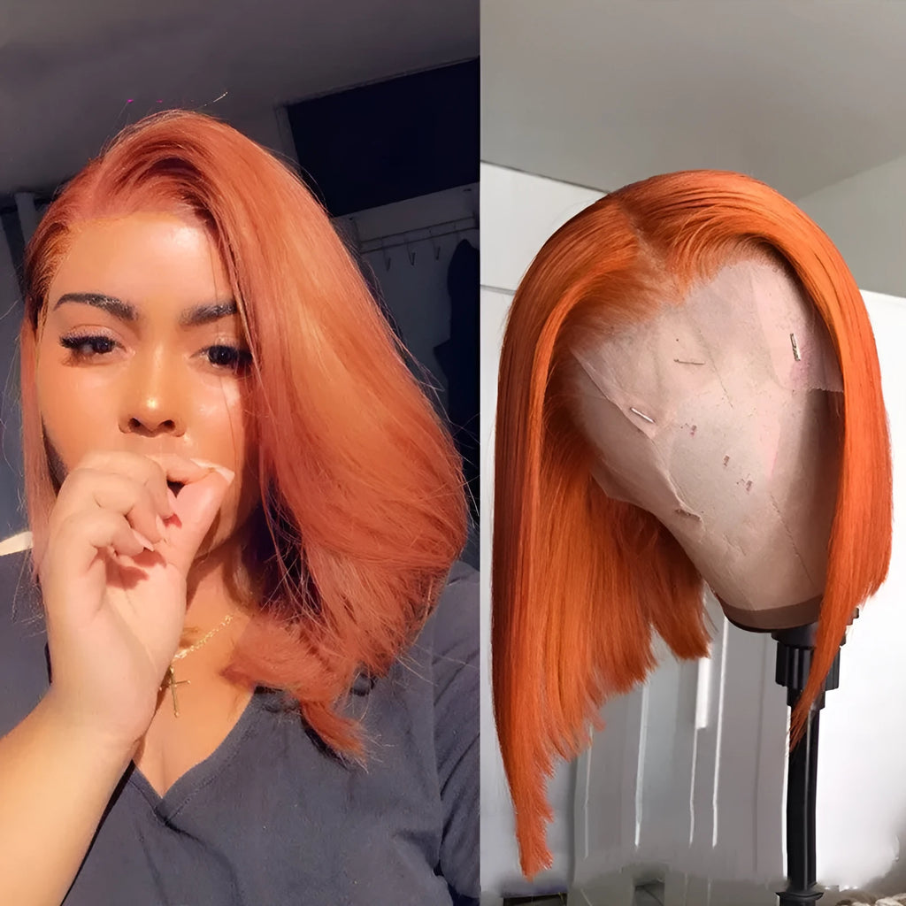 Orange gradient short bob lace front human hair wig with 13x4 lace and 150% or 180% density in 8 to 16 inch lengths