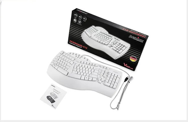 Perixx Periboard-512 white black ergonomic split mechanical keyboard with wired USB cable.
