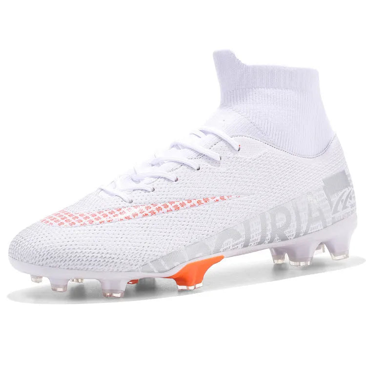 High ankle men's soccer football boots with TPU woven upper and non-slip rubber sole on grass