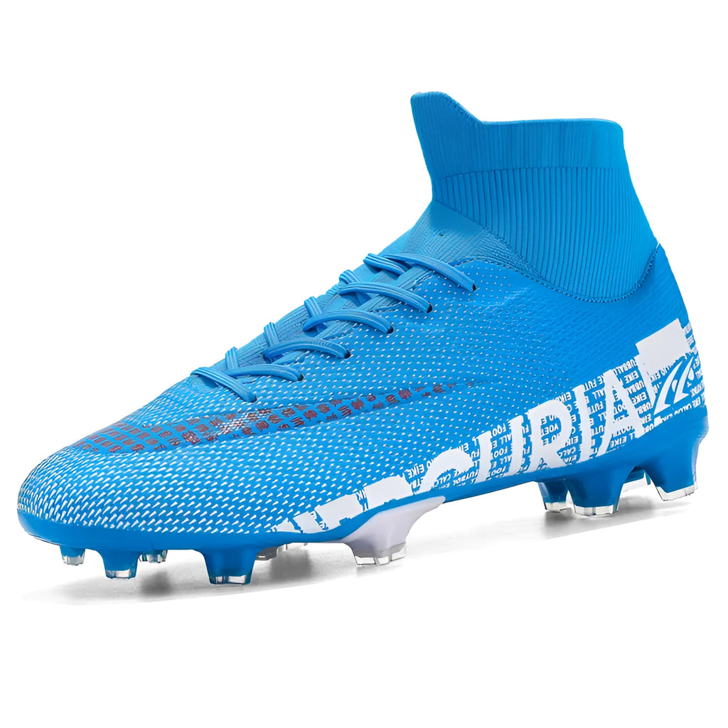 High ankle men's soccer football boots with TPU woven upper and non-slip rubber sole on grass