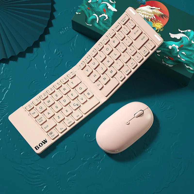 Folding Bluetooth keyboard and mouse set with touchpad, full-sized keys, wireless connection, available in Elegant White, Retro Green, and Cherry Powder.