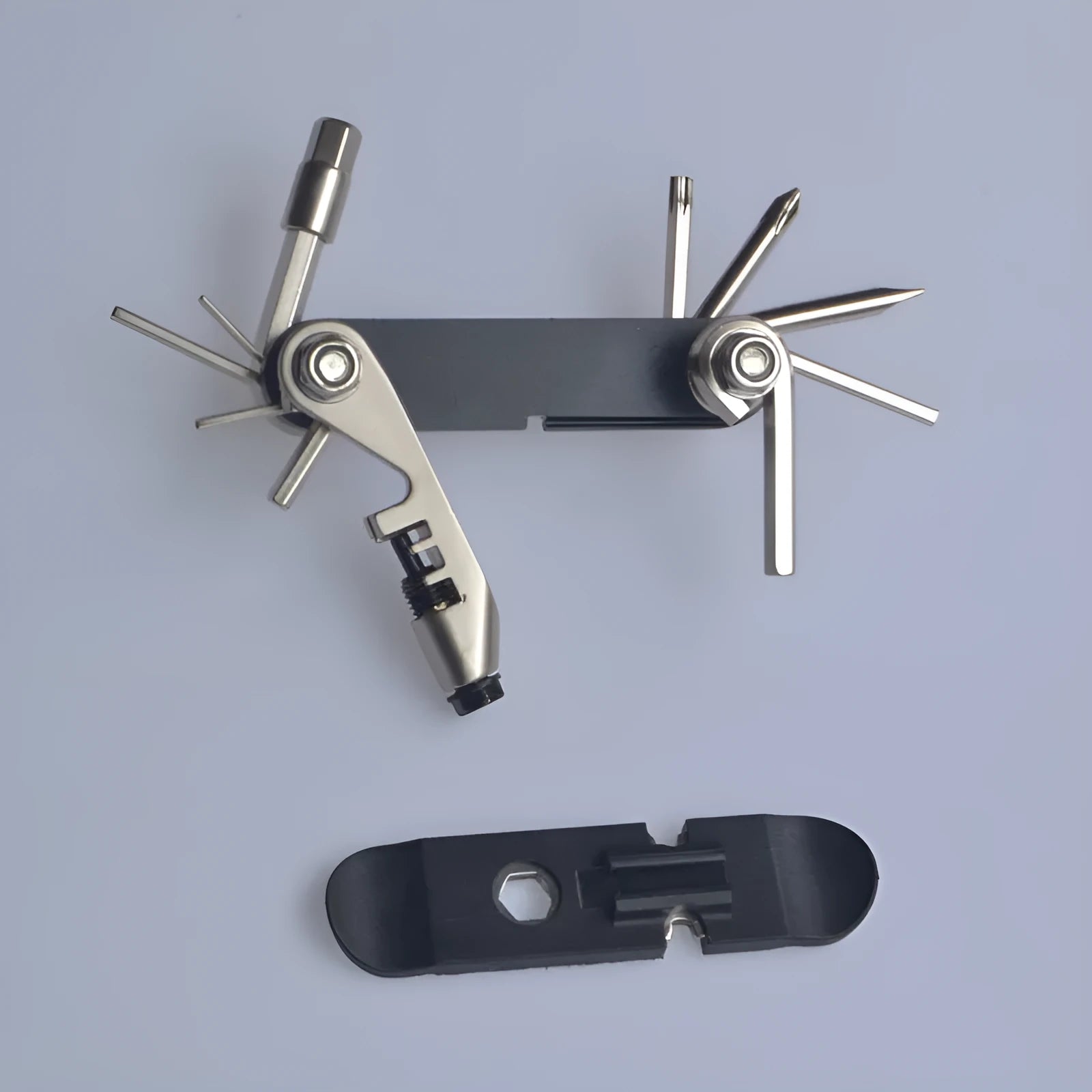 Black chrome vanadium steel bicycle repair combination tool showing multiple fastener interfaces