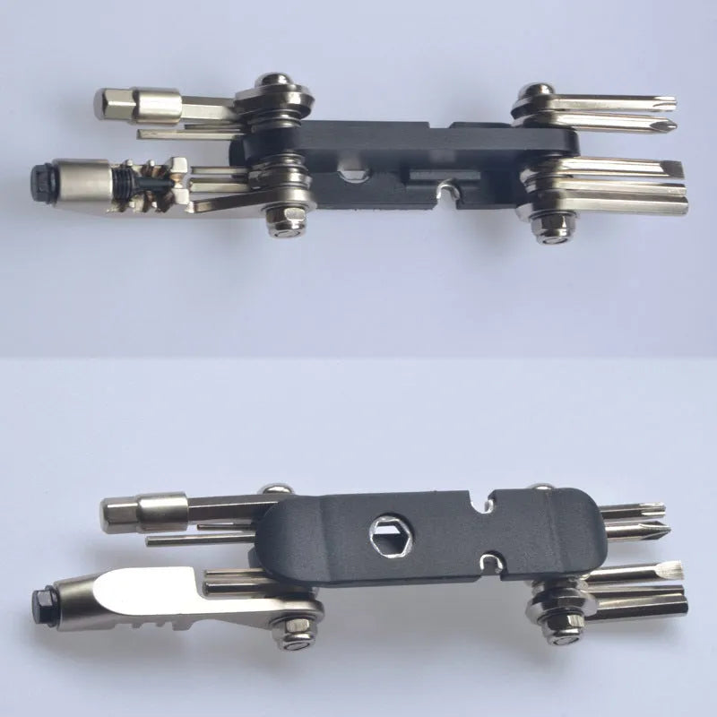 Black chrome vanadium steel bicycle repair combination tool showing multiple fastener interfaces