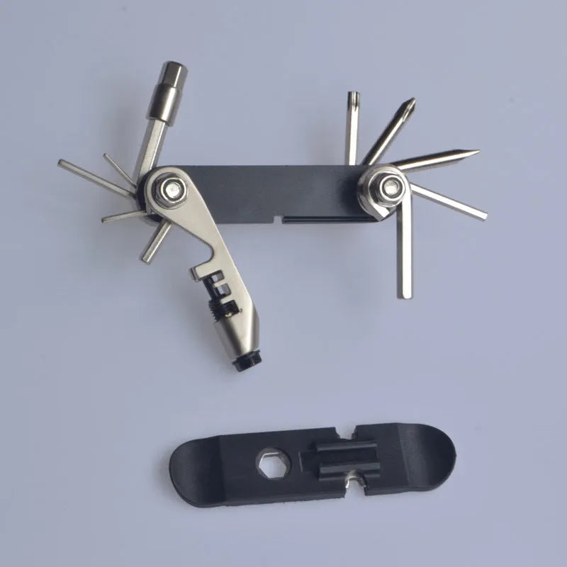 Black chrome vanadium steel bicycle repair combination tool showing multiple fastener interfaces