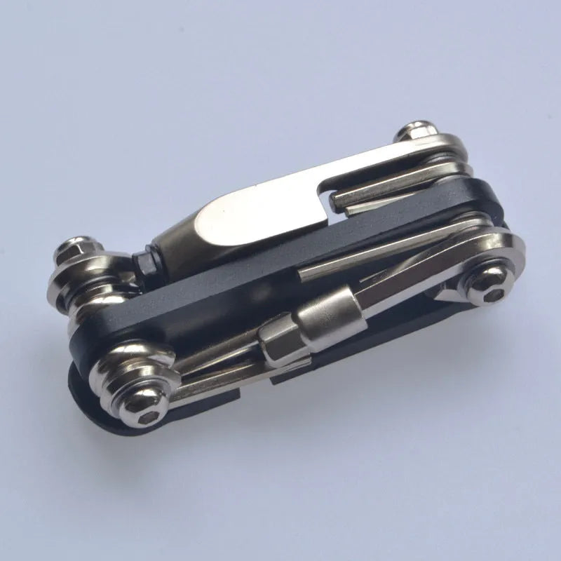 Black chrome vanadium steel bicycle repair combination tool showing multiple fastener interfaces