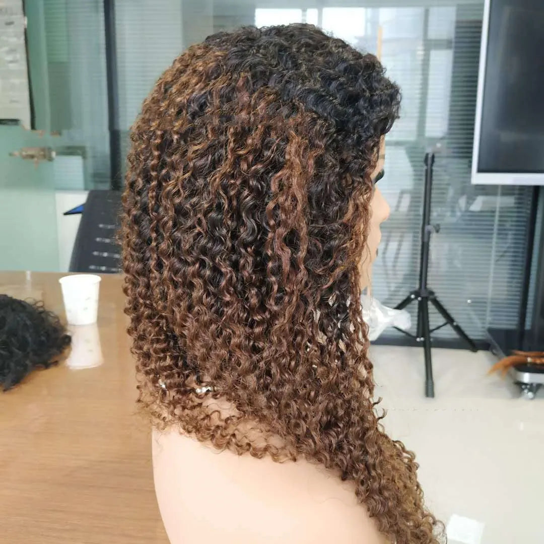 Ombre human hair kinky curly 4x4 lace front wig in brown T1B 30, long length with natural volume