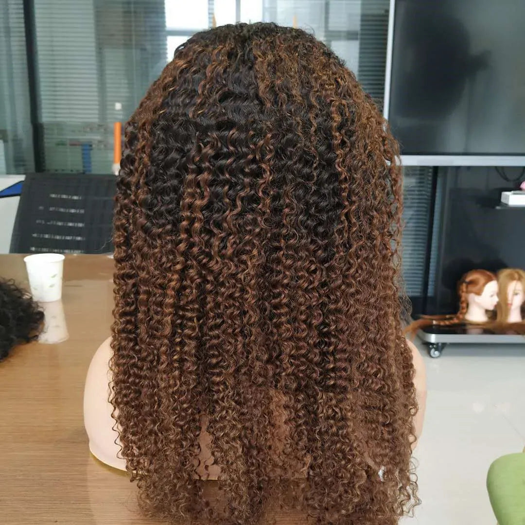 Ombre human hair kinky curly 4x4 lace front wig in brown T1B 30, long length with natural volume