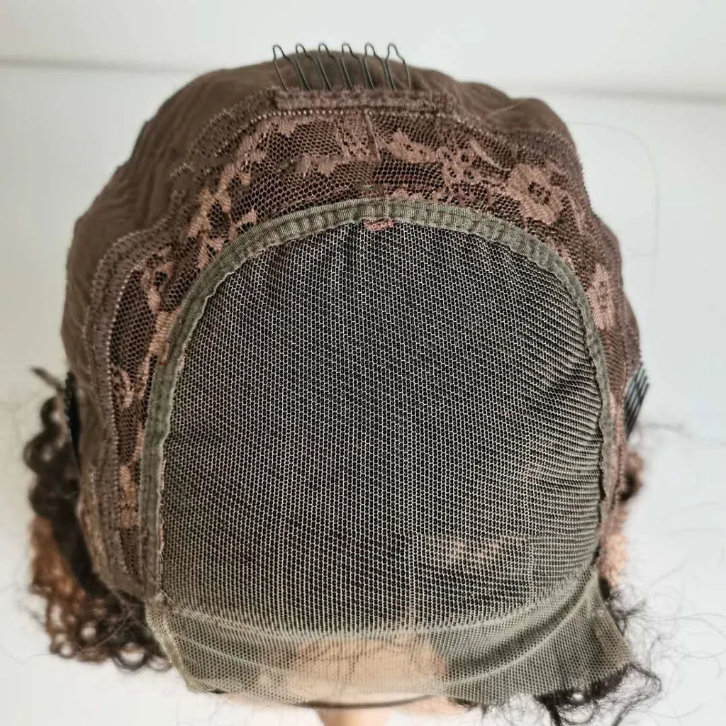 Ombre human hair kinky curly 4x4 lace front wig in brown T1B 30, long length with natural volume