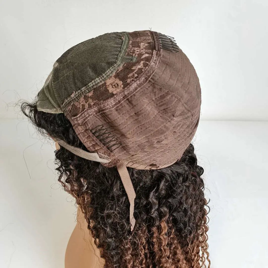 Ombre human hair kinky curly 4x4 lace front wig in brown T1B 30, long length with natural volume