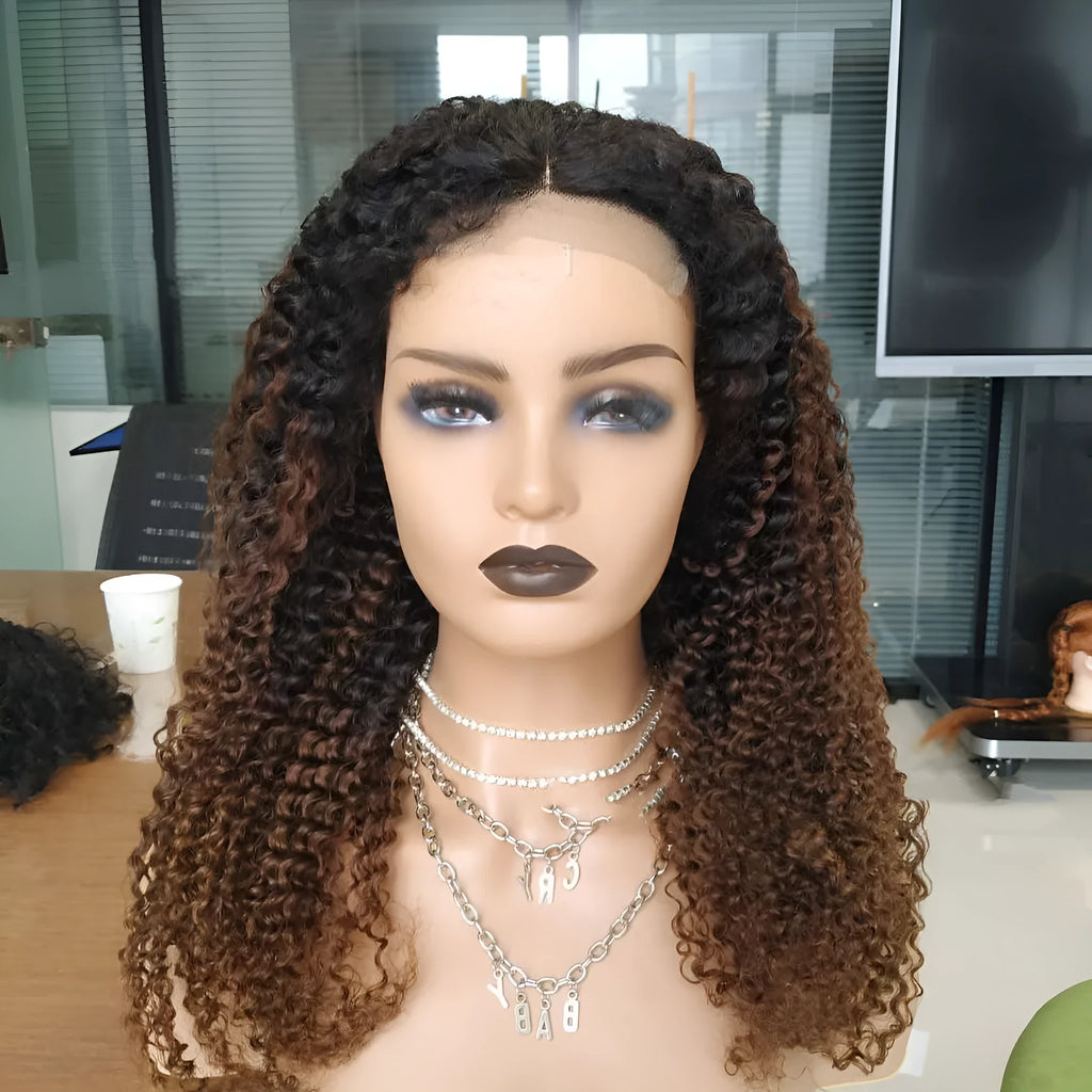 Ombre human hair kinky curly 4x4 lace front wig in brown T1B 30, long length with natural volume