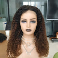 Ombre human hair kinky curly 4x4 lace front wig in brown T1B 30, long length with natural volume