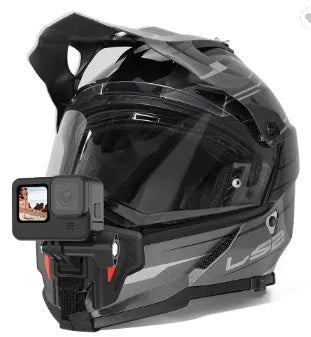 Black universal motorcycle helmet chin strap mount for action cameras, showing silicone and nylon construction.