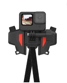 Black universal motorcycle helmet chin strap mount for action cameras, showing silicone and nylon construction.