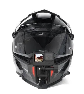 Black universal motorcycle helmet chin strap mount for action cameras, showing silicone and nylon construction.
