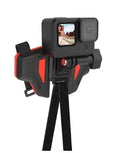 Black universal motorcycle helmet chin strap mount for action cameras, showing silicone and nylon construction.