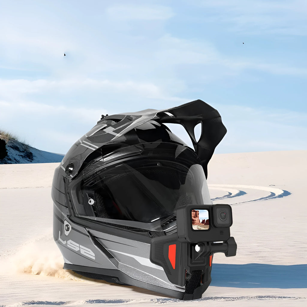 Black universal motorcycle helmet chin strap mount for action cameras, showing silicone and nylon construction.
