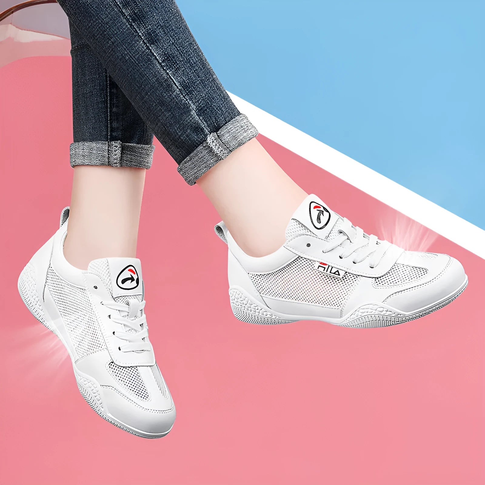 Women's casual lace-up round toe mid heel summer shoes with mesh upper and cross straps in white and grey