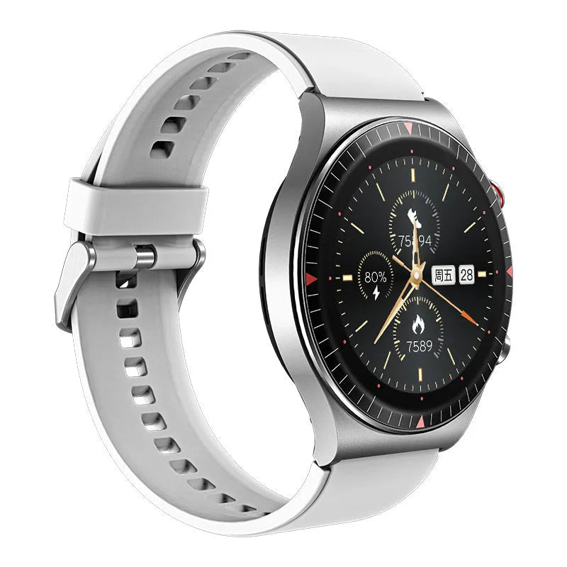 Smart watch with circular display showing health metrics and music controls