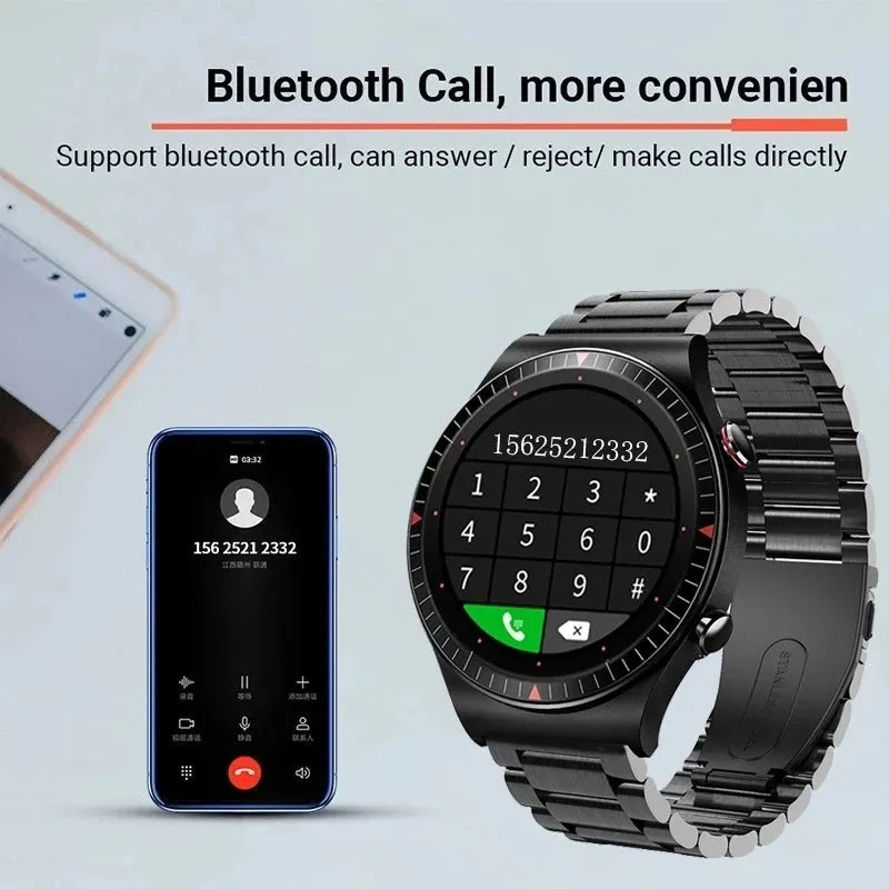 Smart watch with circular display showing health metrics and music controls