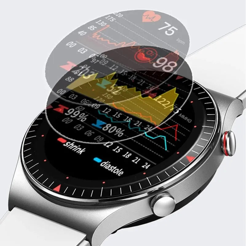 Smart watch with circular display showing health metrics and music controls