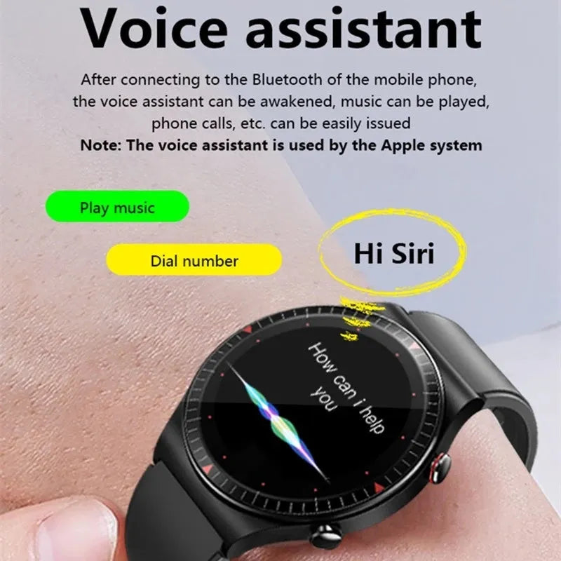Smart watch with circular display showing health metrics and music controls