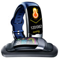 Black smart wristband with display showing heart rate and blood pressure readings