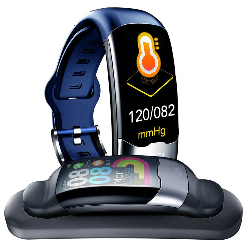 Black smart wristband with display showing heart rate and blood pressure readings
