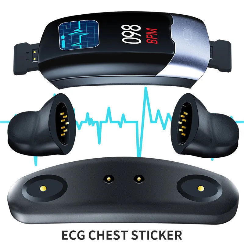 Black smart wristband with display showing heart rate and blood pressure readings