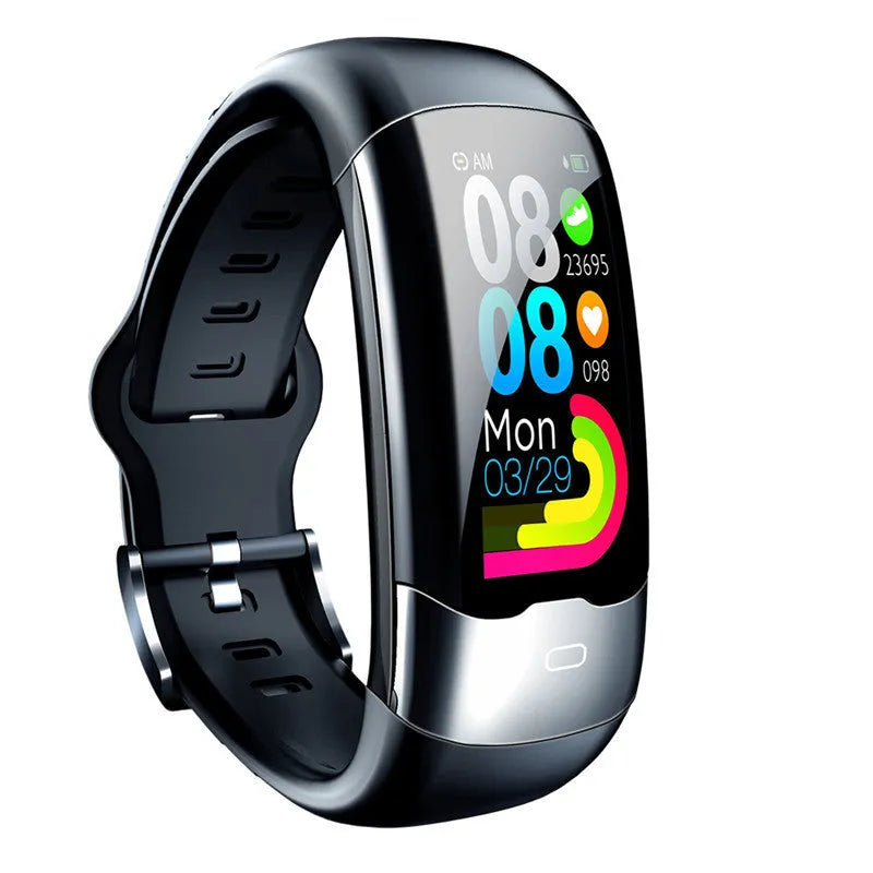 Black smart wristband with display showing heart rate and blood pressure readings