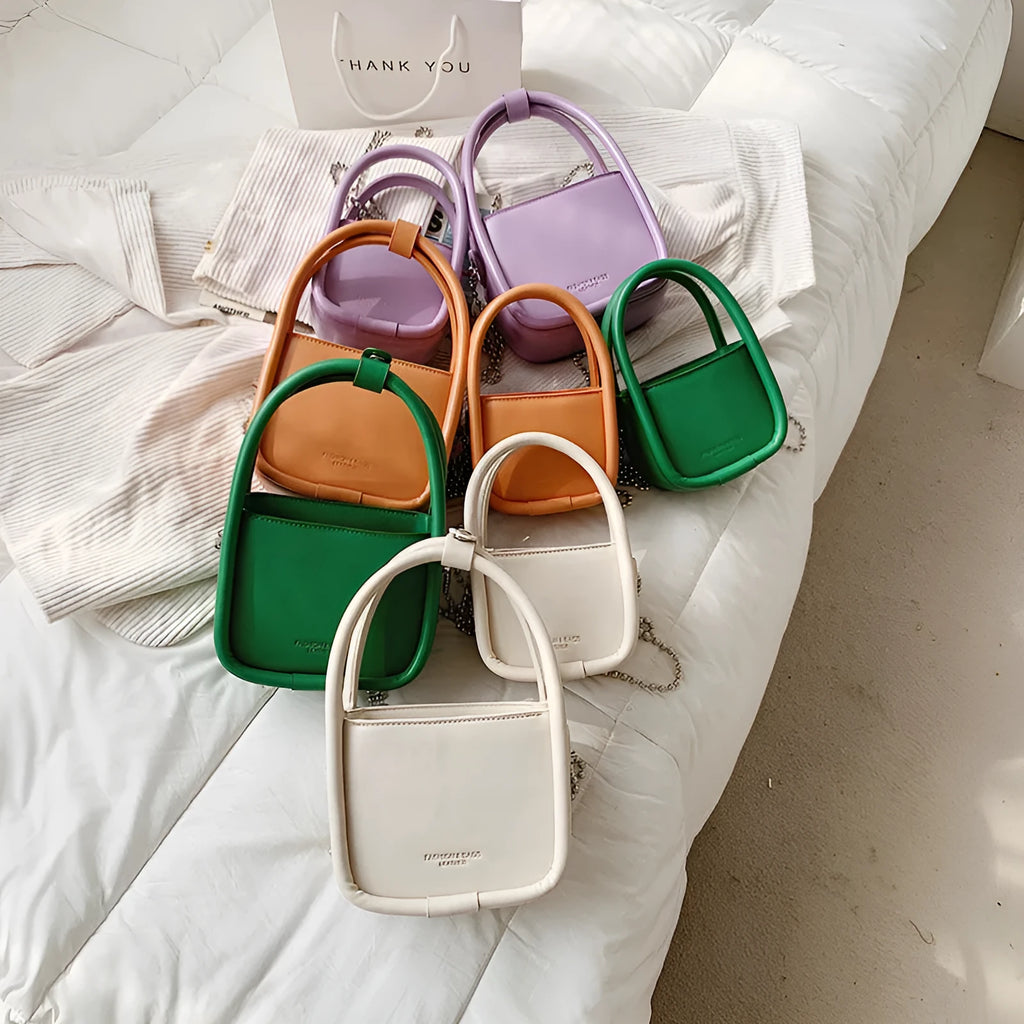 PU leather mini square shoulder bag with chain handle and magnetic buckle in green or white