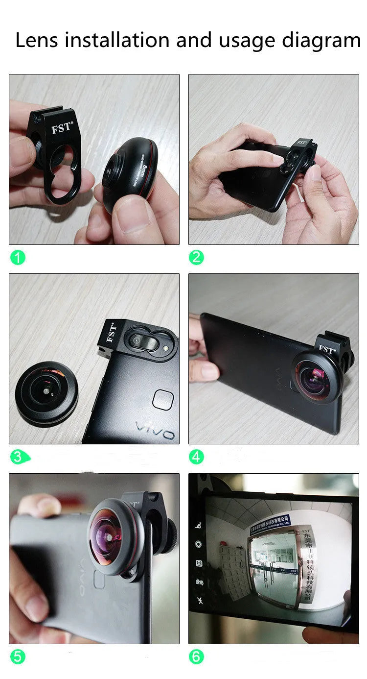 Mobile phone external lens set showing portrait, fisheye, wide angle and macro attachments for smartphone photography