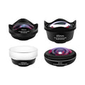 Mobile phone external lens set showing portrait, fisheye, wide angle and macro attachments for smartphone photography