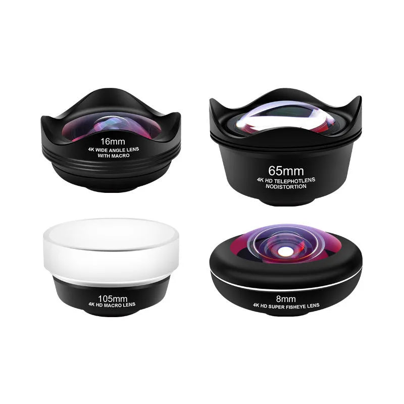 Mobile phone external lens set showing portrait, fisheye, wide angle and macro attachments for smartphone photography