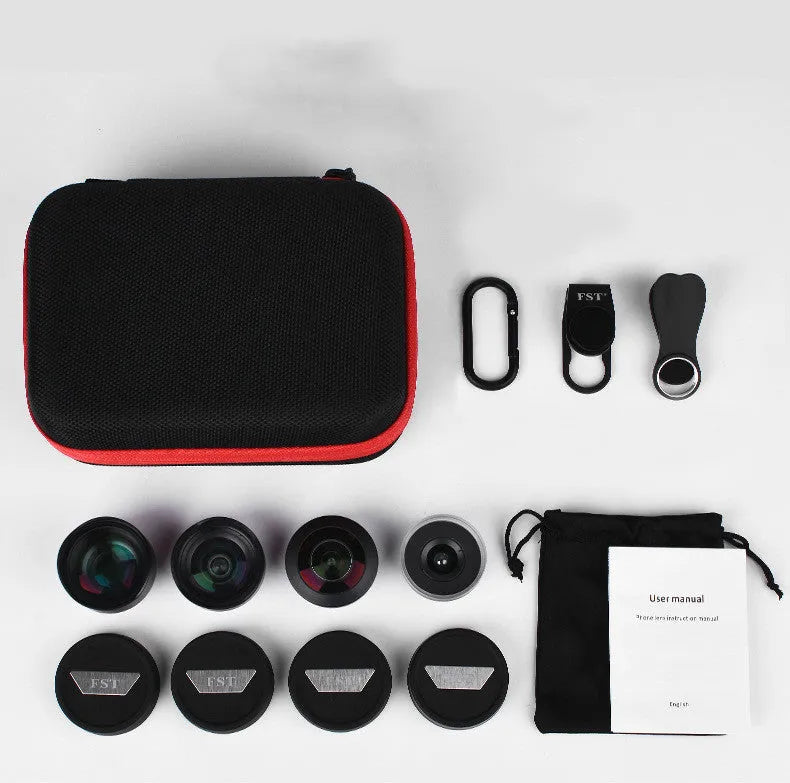 Mobile phone external lens set showing portrait, fisheye, wide angle and macro attachments for smartphone photography