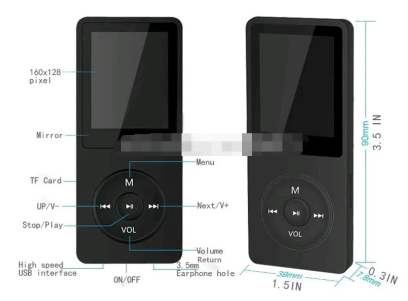 Compact MP4 player with 1.8 inch colour screen showing video playback interface
