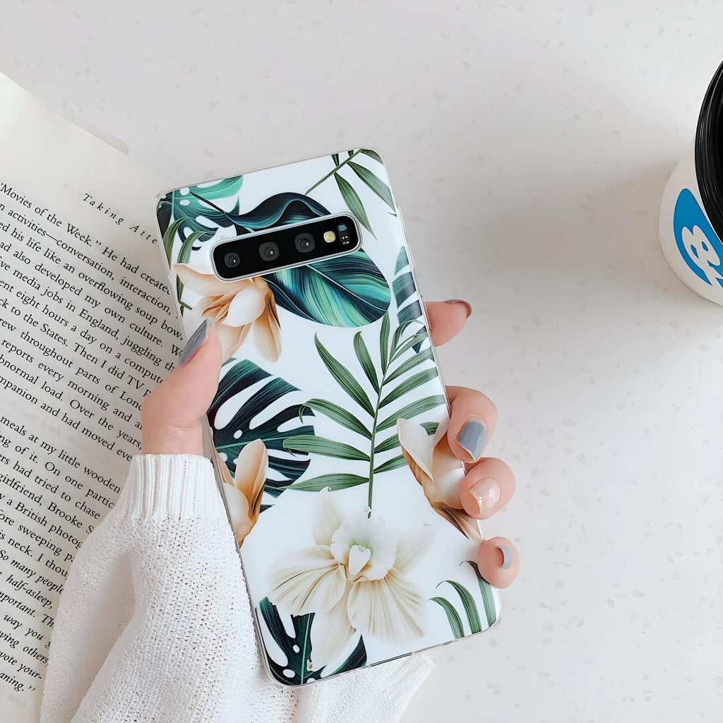 Samsung phone case with green leaf flower design on TPU back cover for Galaxy S10 S20 A51 Note10 models